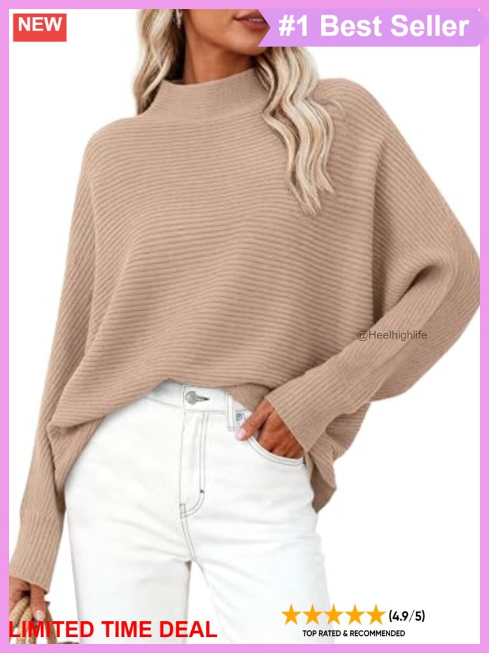 Oversized Ribbed Knit Mock Neck Batwing Sleeve Pullover Sweater